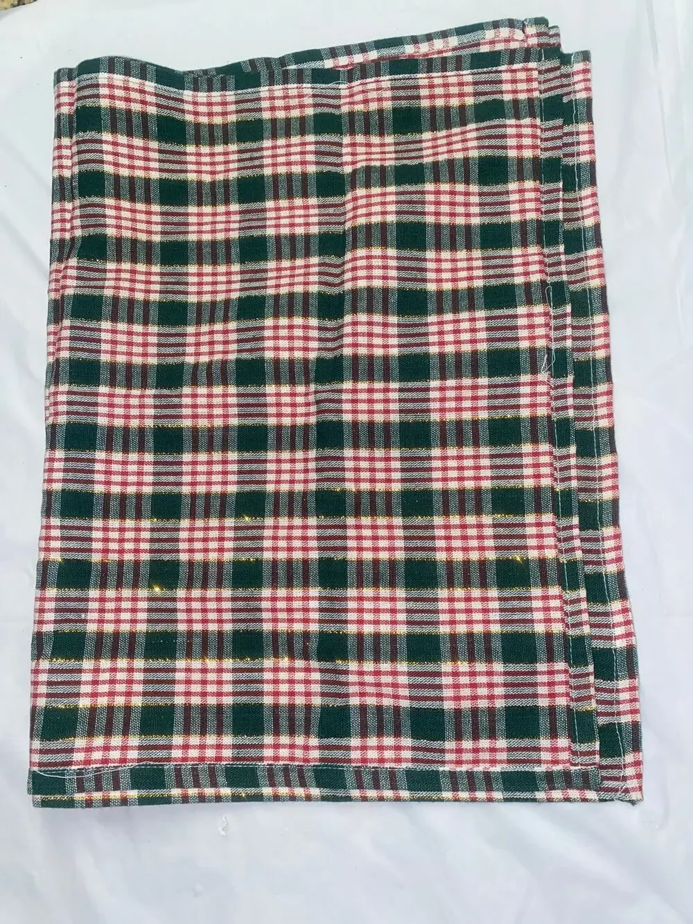 Set of 2 Green Gold White Red Metallic Plaid Cotton Placemats  27.5